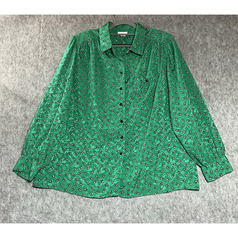 Vintage Schrader Blouse Womens XXL 2XL Green Paisley Long Sleeve Top 80s Retro